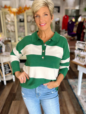 Striped Polo Collar Sweater – Green & Cream