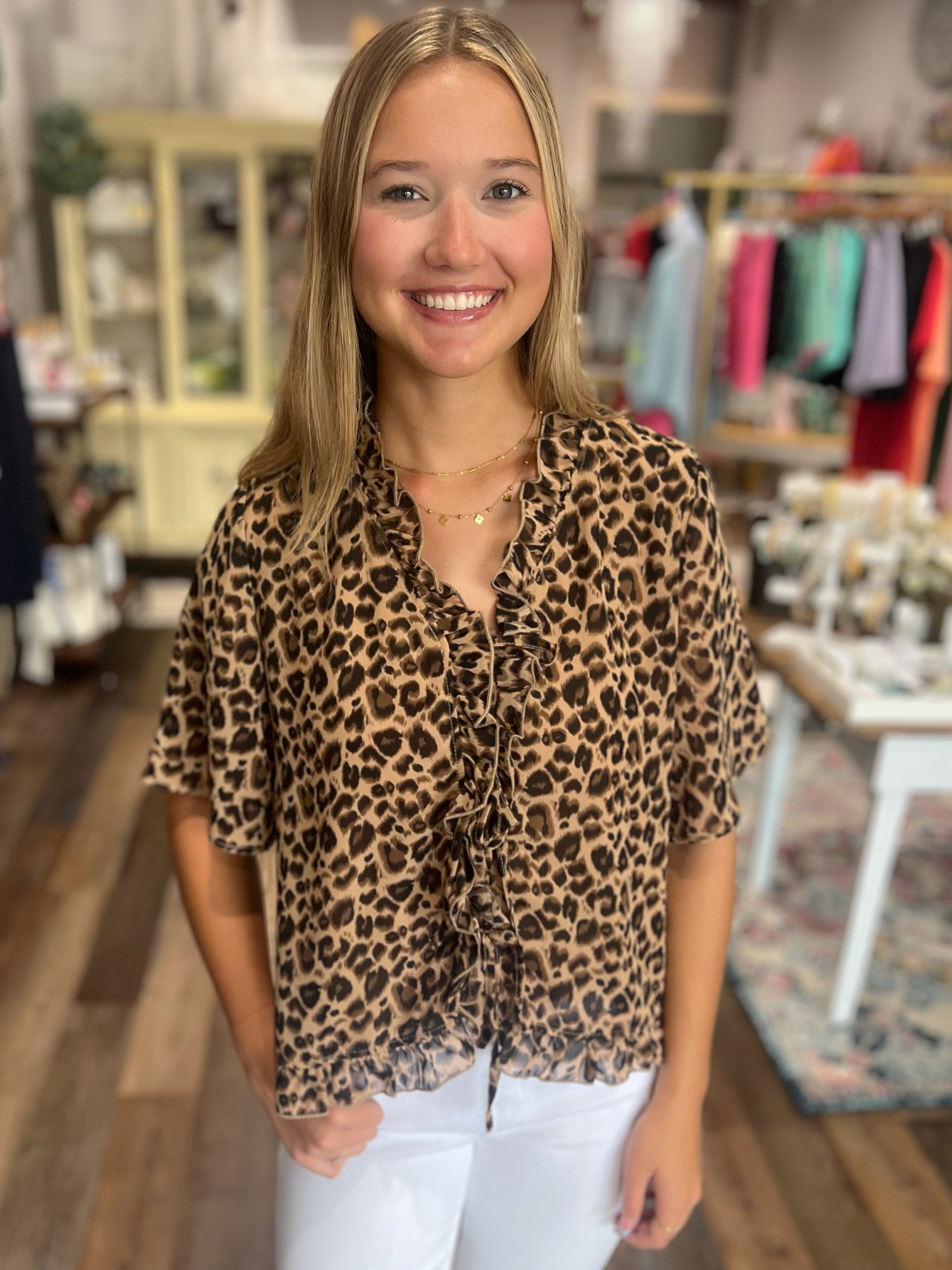 Sheer Animal Print Blouse with Bow and Ruffle Detail