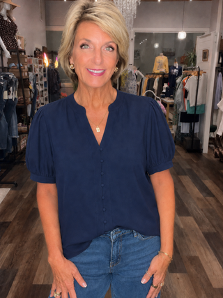 Navy Button Front Blouse