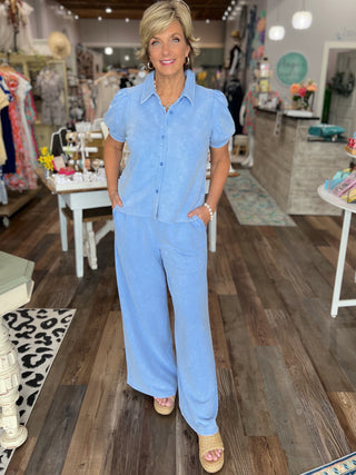 Washed Puff Sleeve Button Down Top