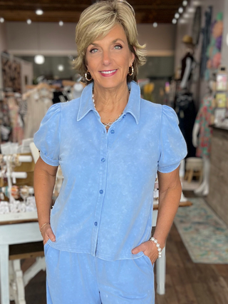 Washed Puff Sleeve Button Down Top