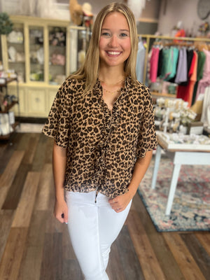 Sheer Animal Print Blouse with Bow and Ruffle Detail