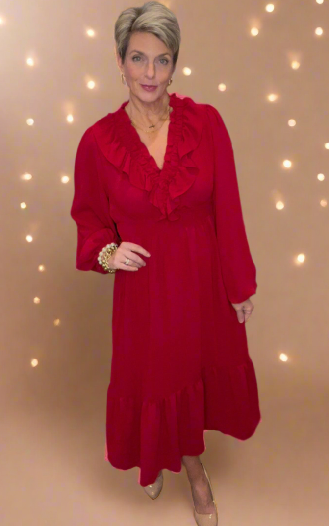 Ruby Red Ruffle V-Neck Dress