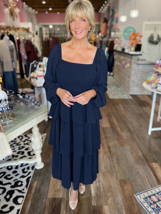 The Eleanor Smocked Midi Dress — Dark Navy