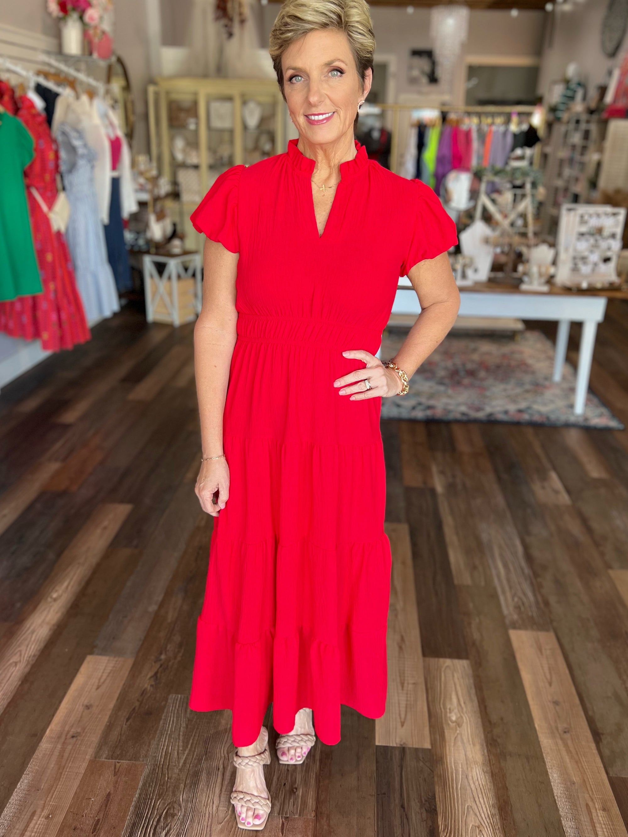 Red Maxi Three Tier Dress