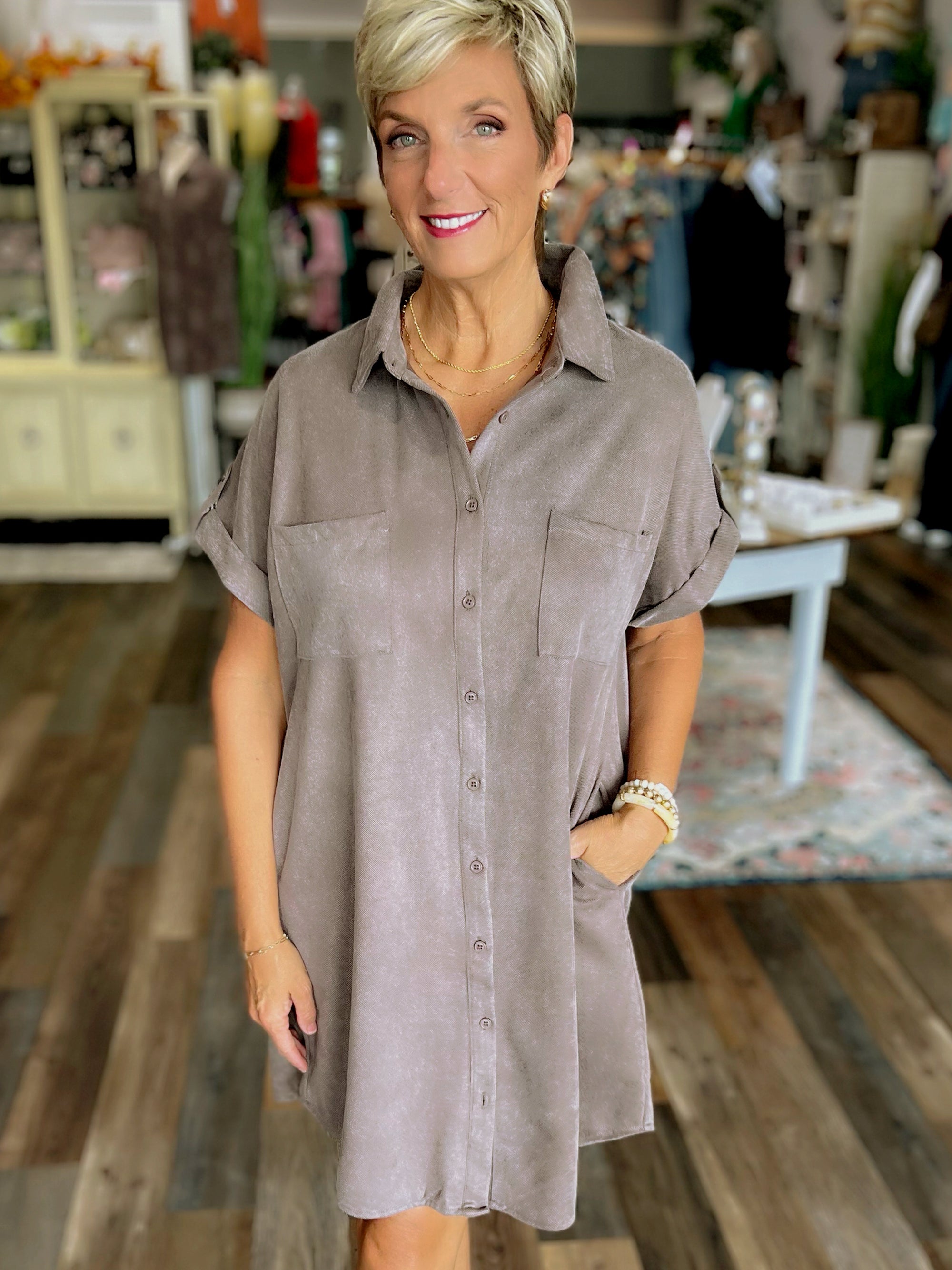 Drop Shoulder Button-Up Faux Suede Shirt Dress