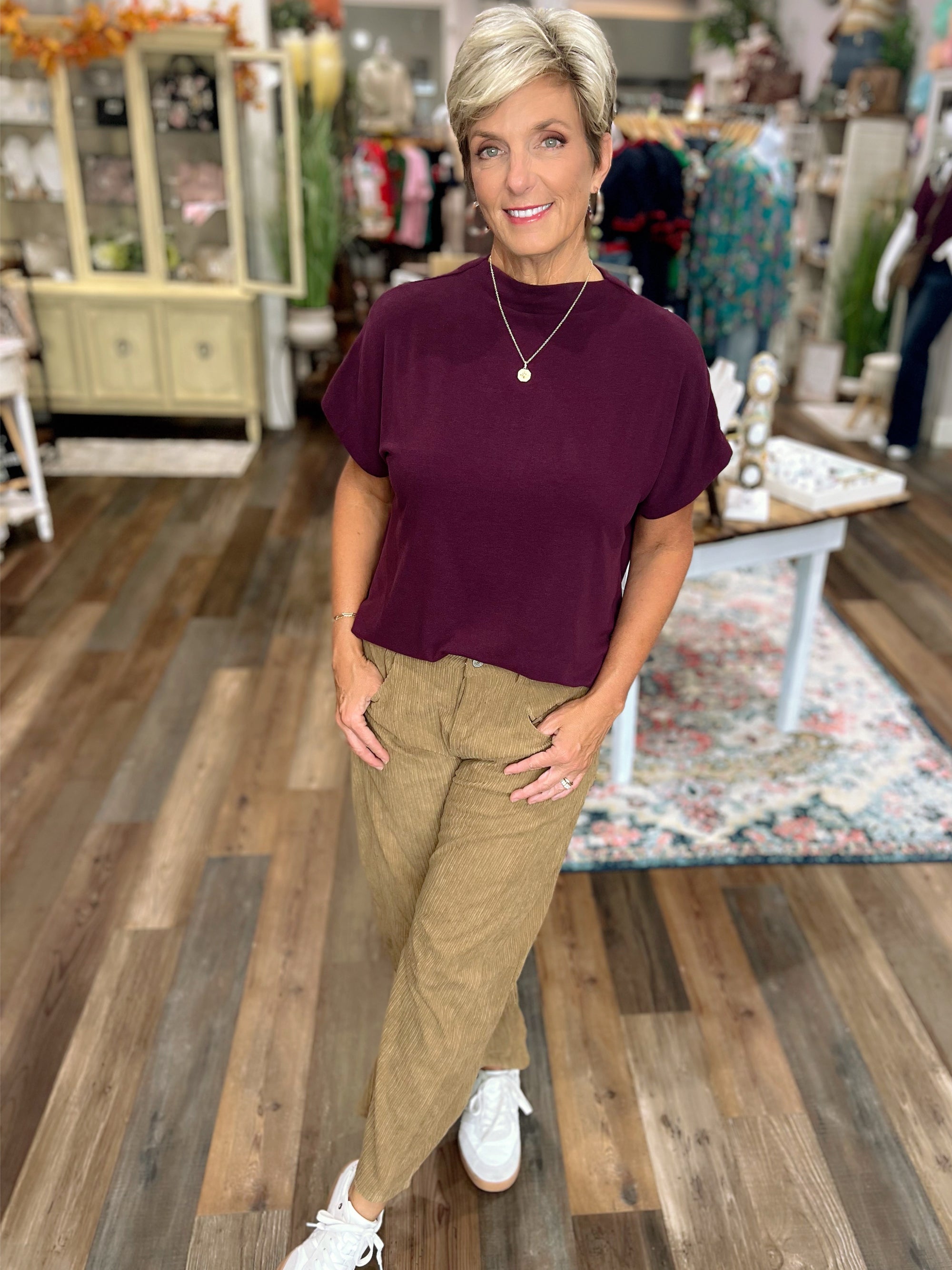 Plum Short Sleeve Drawstring Waist Blouse