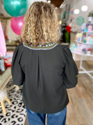 Midnight Meadow Embroidered Boho Top – Black 3/4 Sleeve Blouse