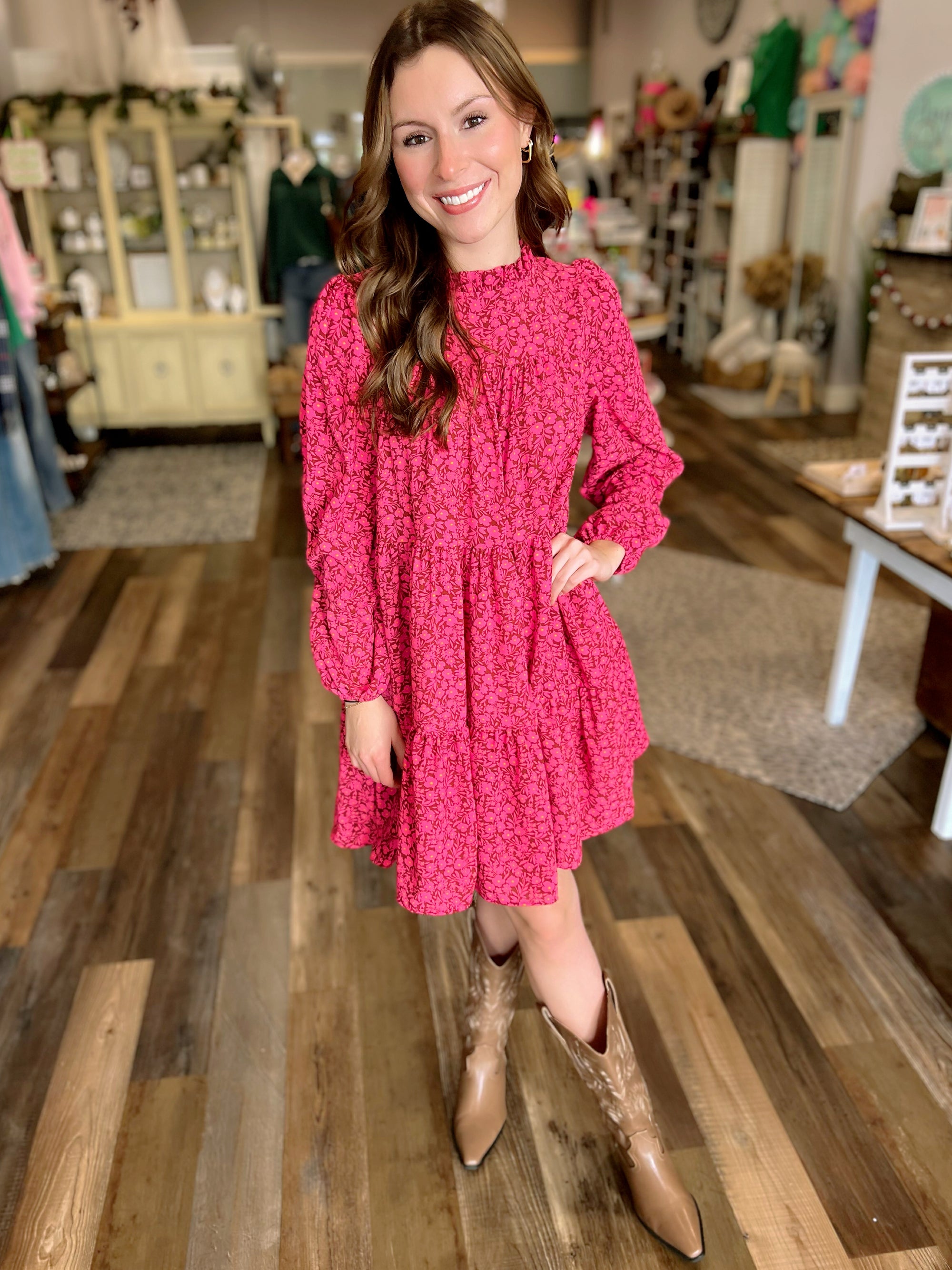 Angela Frilled Mock Neck Floral Print Dress
