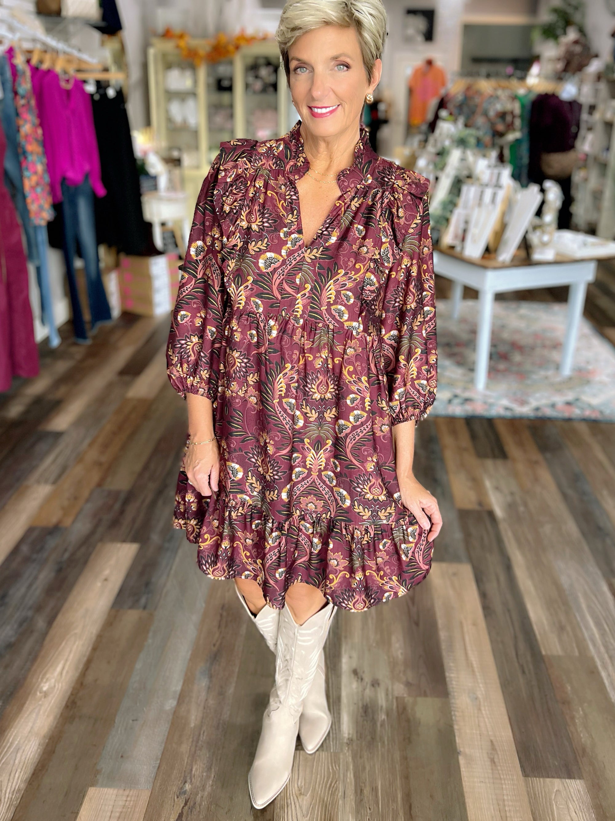 Mix Floral Print Long Sleeve Mini Dress – Wine Mix