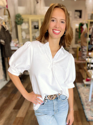 Embroidered Collar Puff Sleeve Knit Top