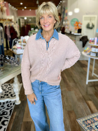 Denim Collar Cable Knit Sweater