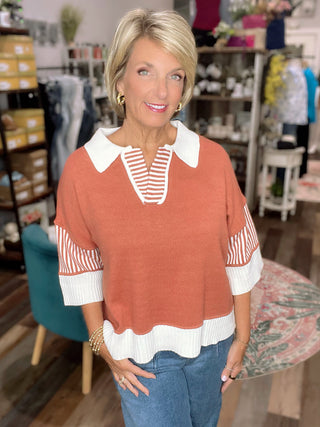 Rust Collared Half Sleeve Sweater