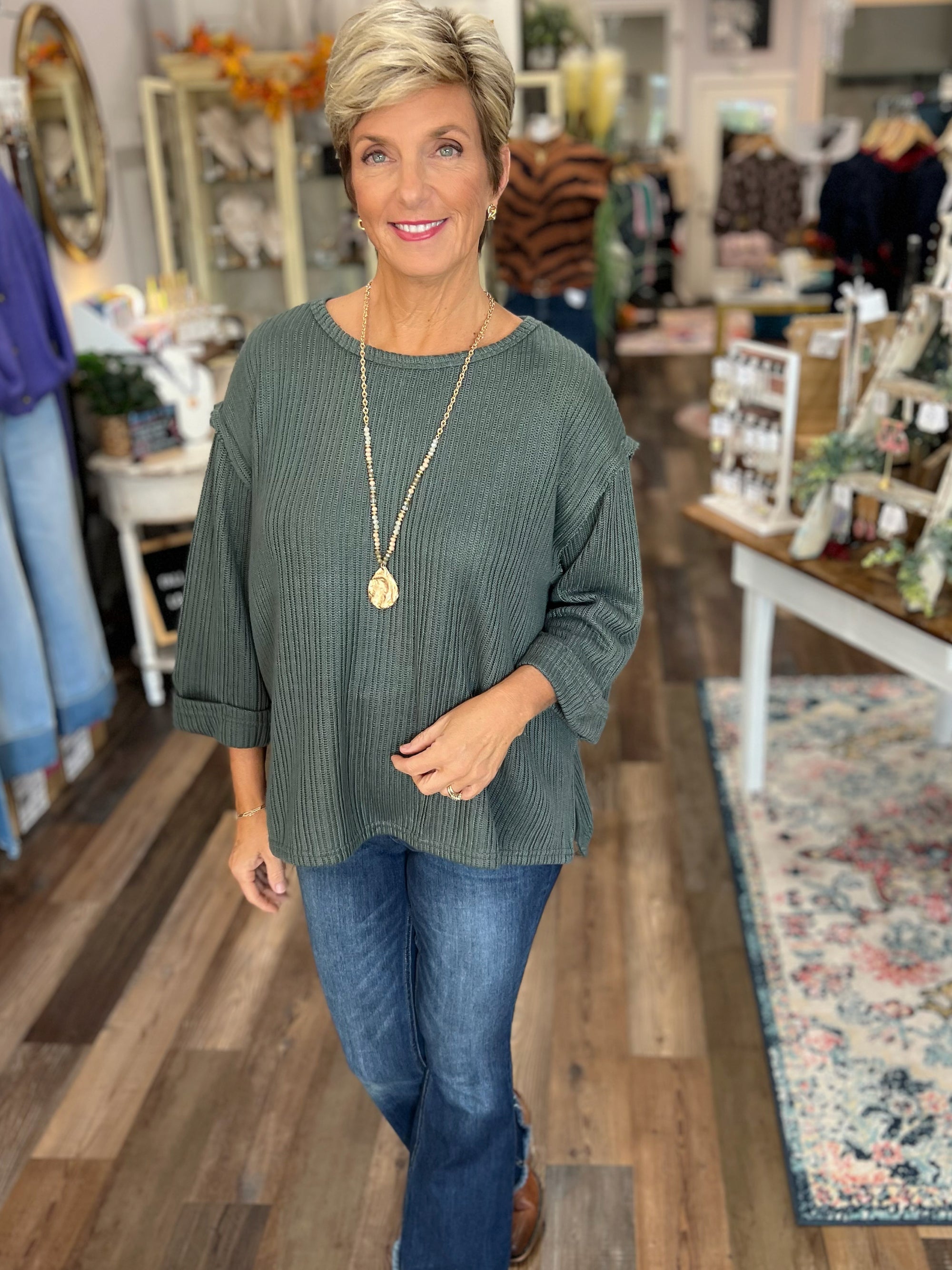 3/4 Folded Sleeve Knit Top in Green