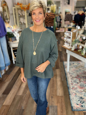 3/4 Folded Sleeve Knit Top in Green