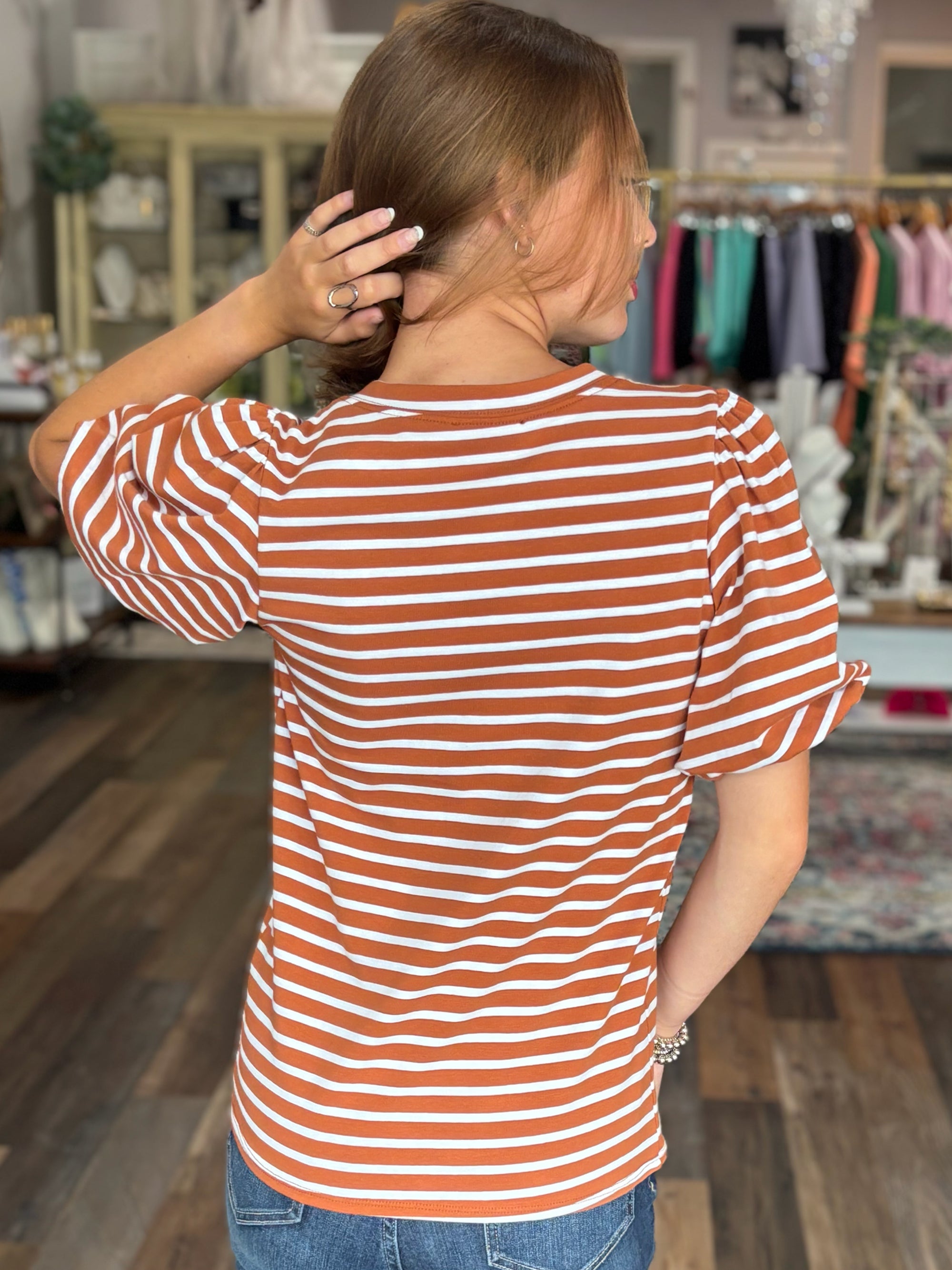 Rust & White Striped Puff Sleeve Top
