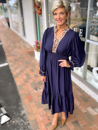 Navy Midi Dress with Leopard Trim