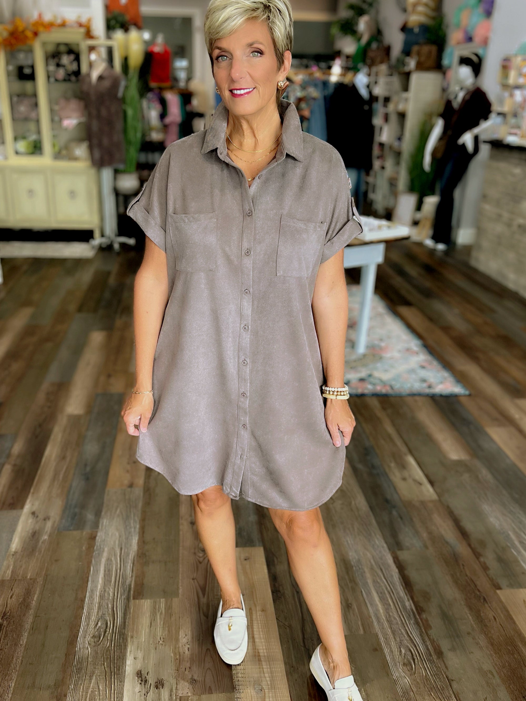 Drop Shoulder Button-Up Faux Suede Shirt Dress