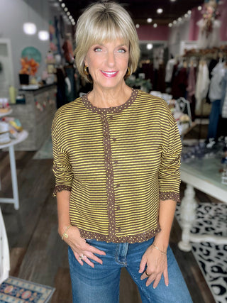 Polka Dot Trim Stripe Button-Up Cardigan