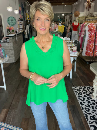 Ruffle Neck Sleeveless Top in Green