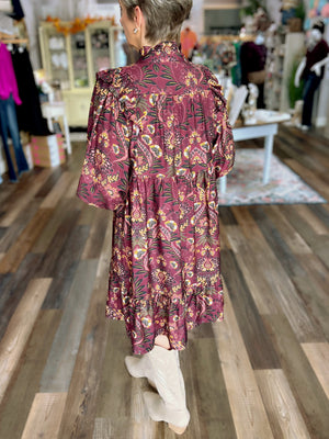 Mix Floral Print Long Sleeve Mini Dress – Wine Mix