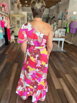 One Shoulder Bold Floral Print Maxi Dress