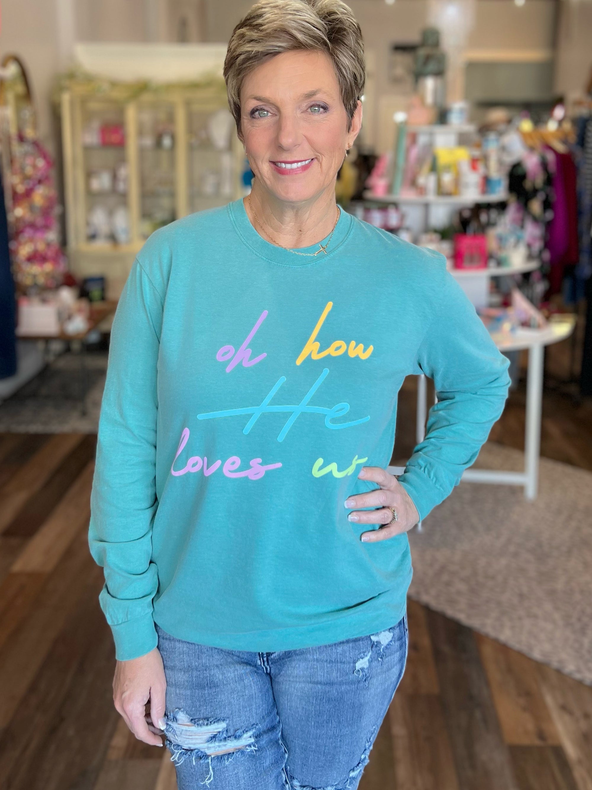 Seafoam "Oh How He Loves Us" Graphic Long Sleeve