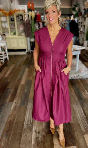 Zip-Front V-Neck Midi Dress with Cap Sleeves