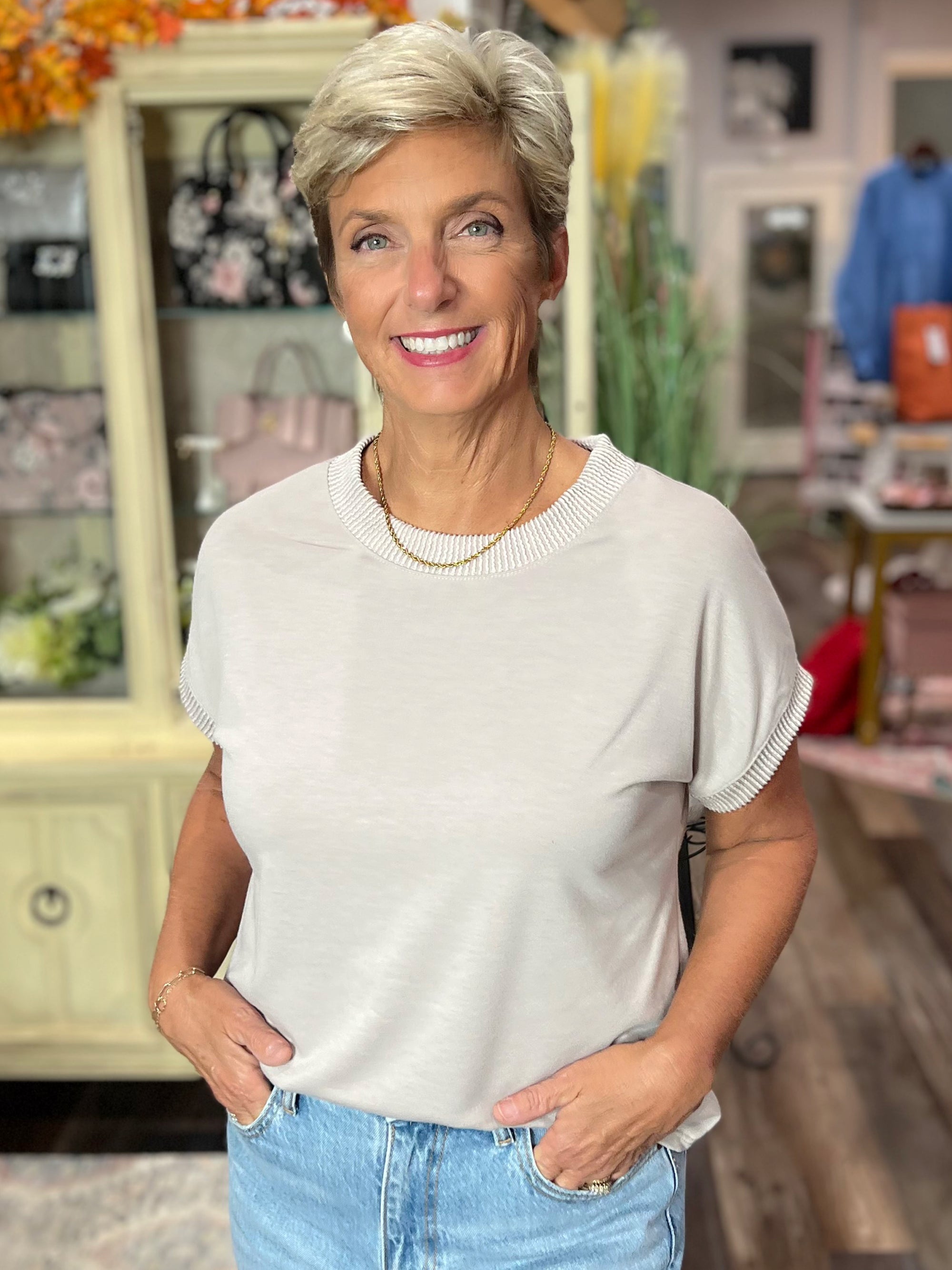 Essential Ribbed Trim Knit Top in Tan