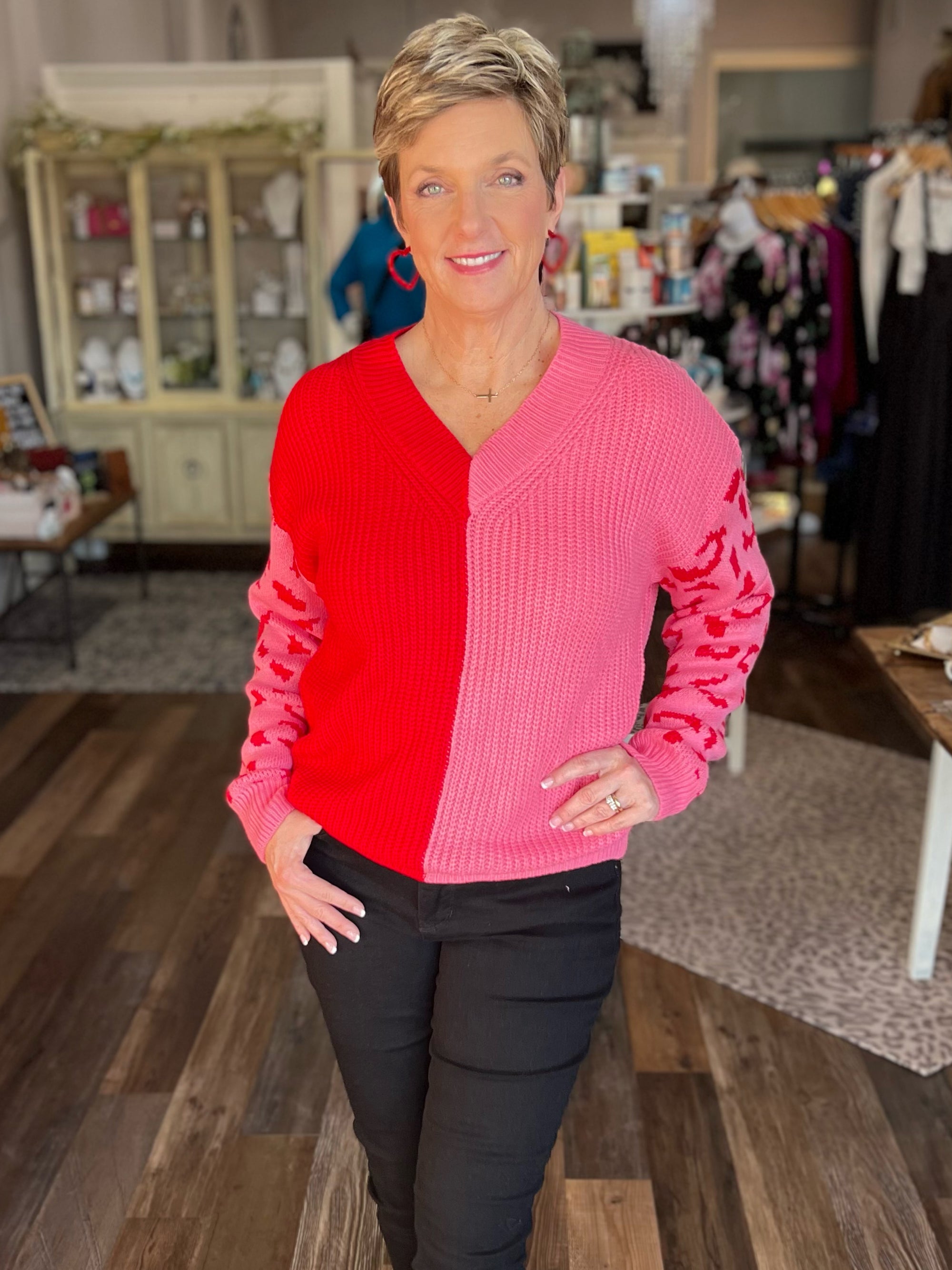 V-Neck Red and Pink Animal Print Sweater in Curvy
