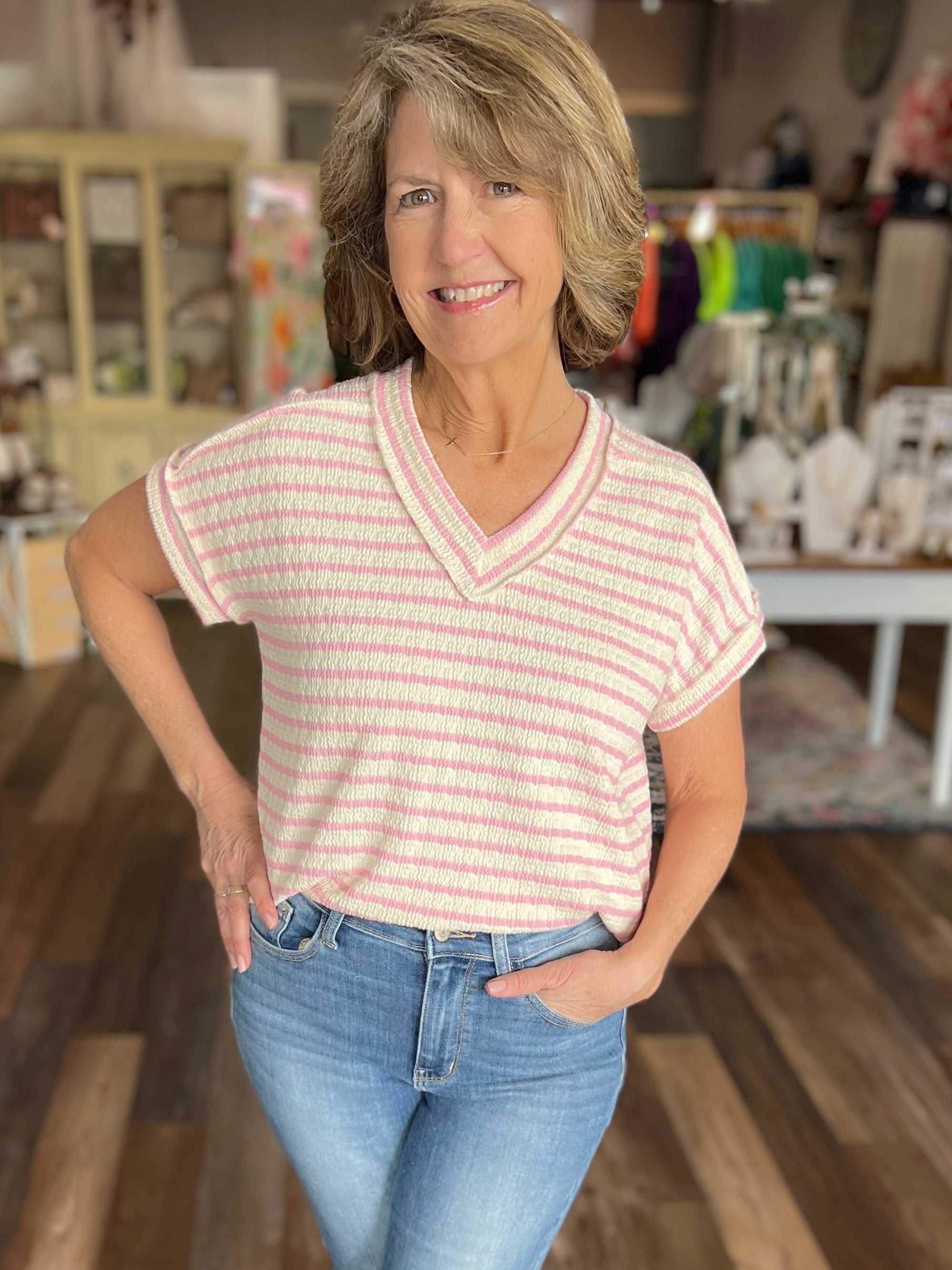 V-Neck Striped Jacquard Stripe Top in Pink and Off White