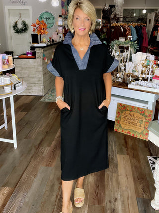 Black Contrast Collar Midi Dress