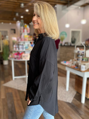 Beverly Button Up Long Sleeve Top in Black