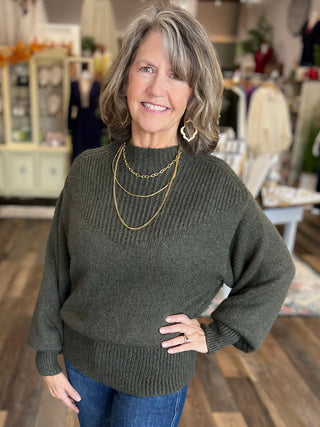 Cozy Confidence Balloon Sleeve Sweater in Dark Olive