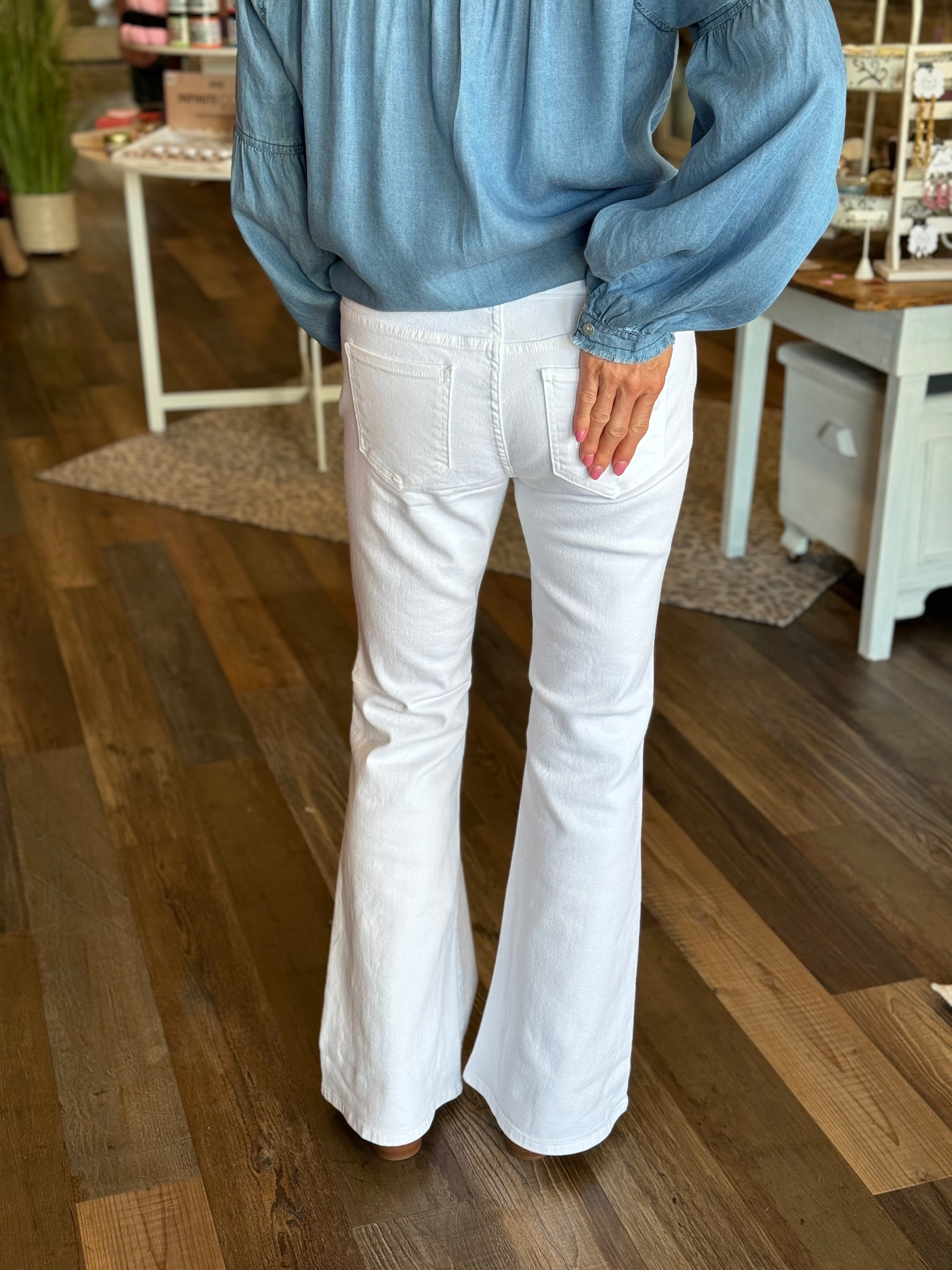Willow White Mid Rise Flare Jeans