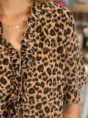 Sheer Animal Print Blouse with Bow and Ruffle Detail
