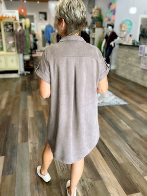 Drop Shoulder Button-Up Faux Suede Shirt Dress