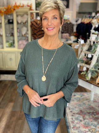 3/4 Folded Sleeve Knit Top in Green