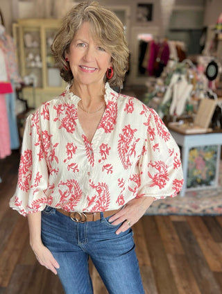 Raspberry Bloom Button Down Blouse in Curvy