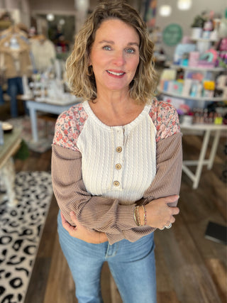 Floral Contrast Button Top – Long Sleeve Ribbed Henley