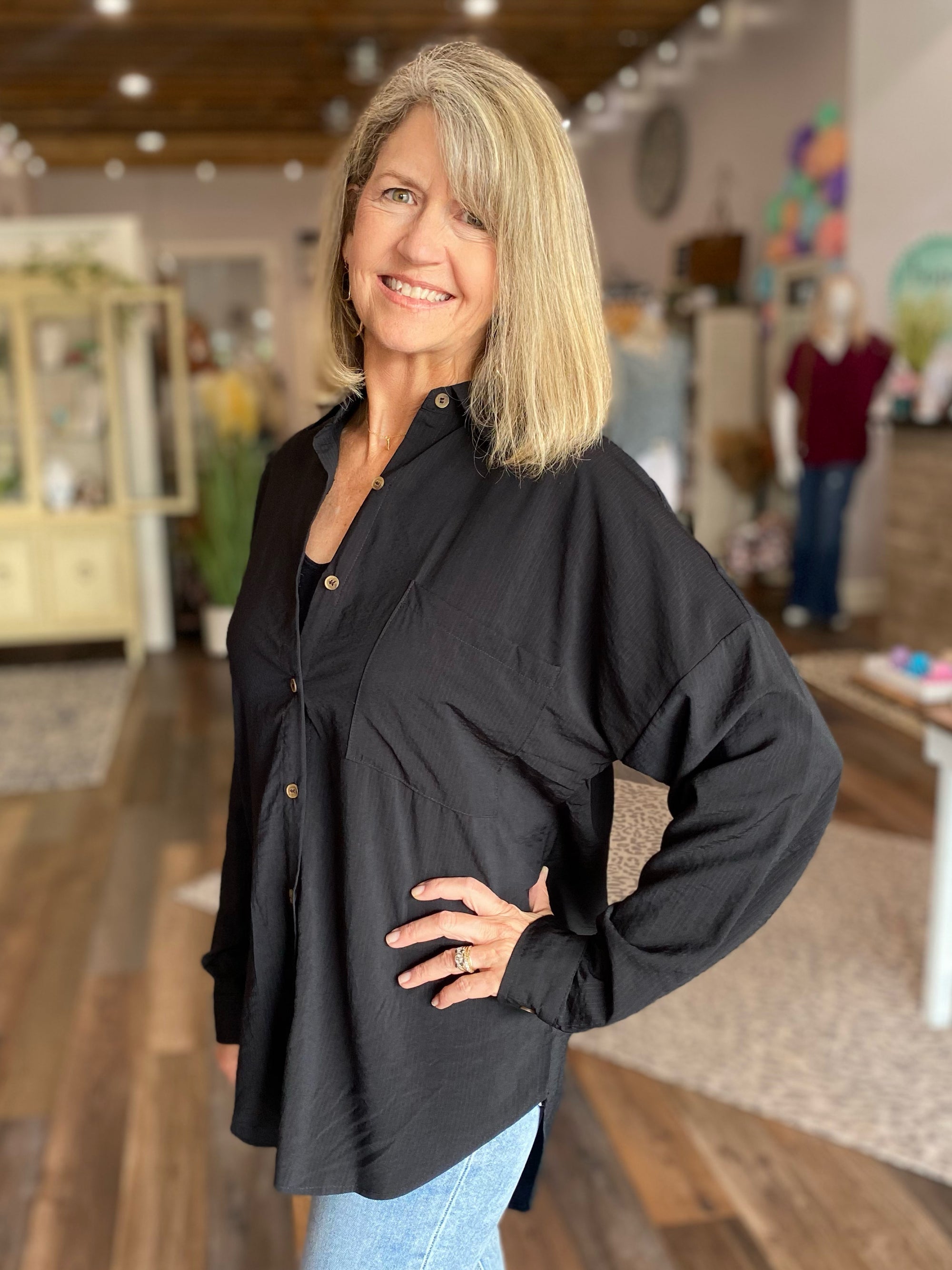 Beverly Button Up Long Sleeve Top in Black