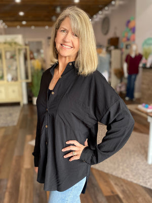 Beverly Button Up Long Sleeve Top in Black
