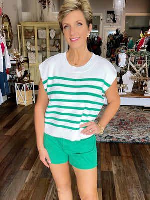Green and Cream Striped Short Sleeve Sweater