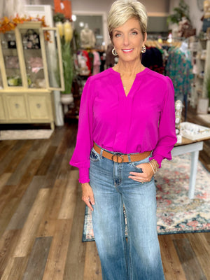 Magenta Smocked Sleeve Pleated Blouse