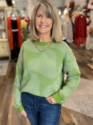 Two-Toned Green Wavy Knit Design Sweater