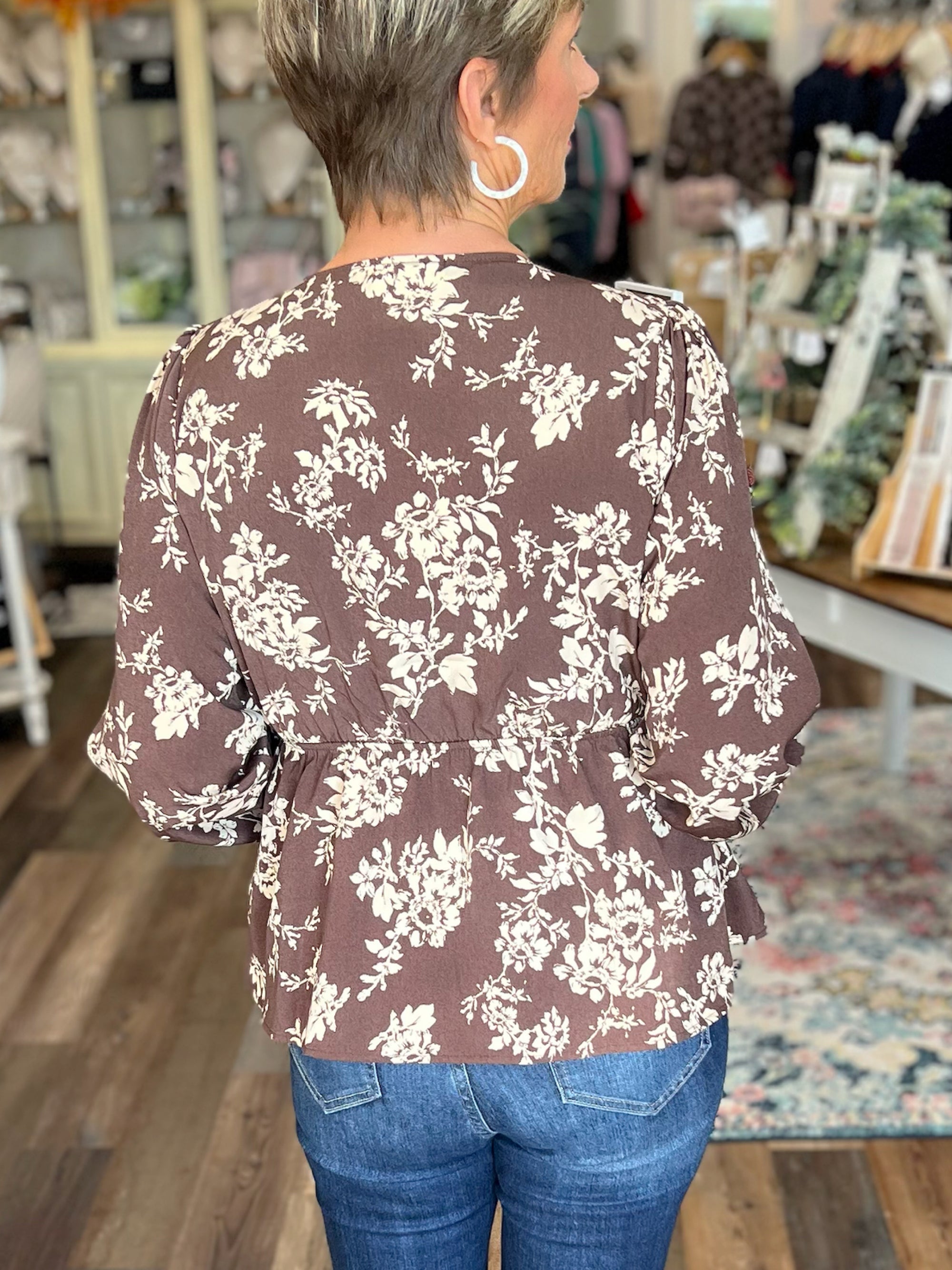 Autumn Blossom V-Neck Floral Blouse – Brown Long Sleeve Top