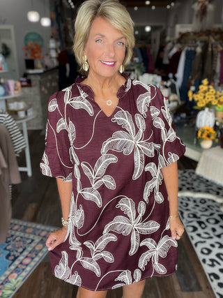Botanical Sketch Embroidered Dress in Wine