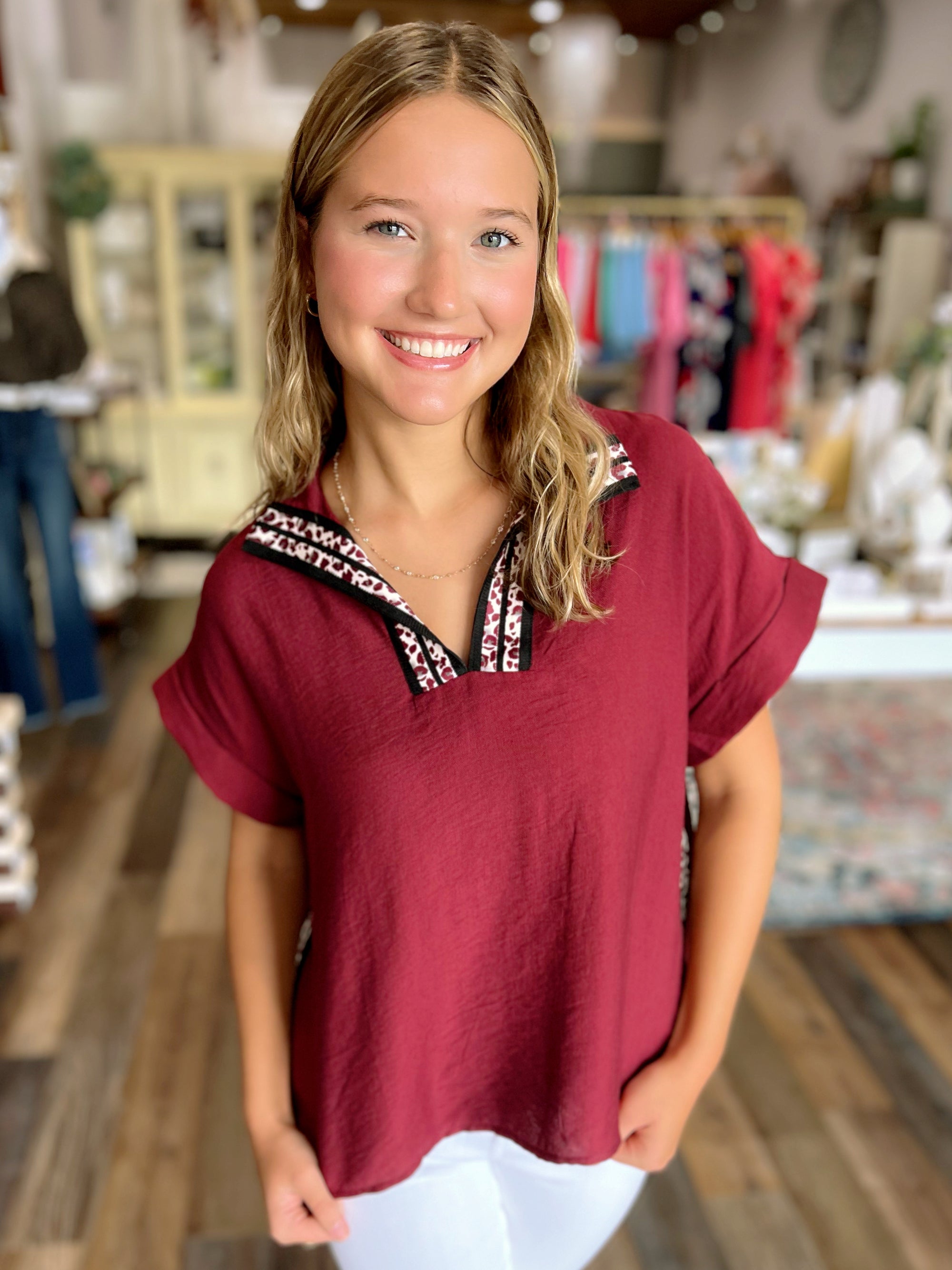 Split Neck Burgundy Top with Animal Print Detail