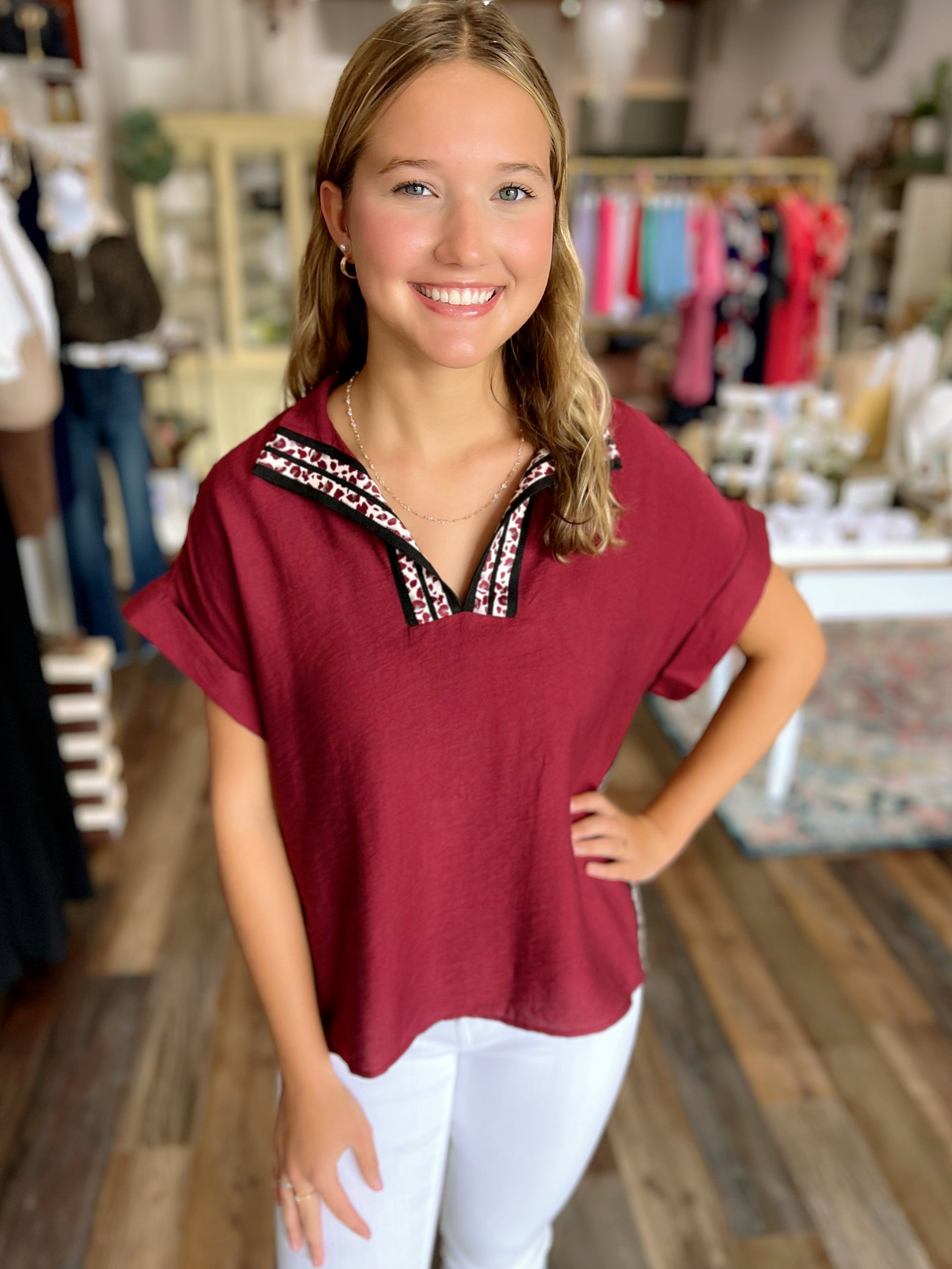 Split Neck Burgundy Top with Animal Print Detail