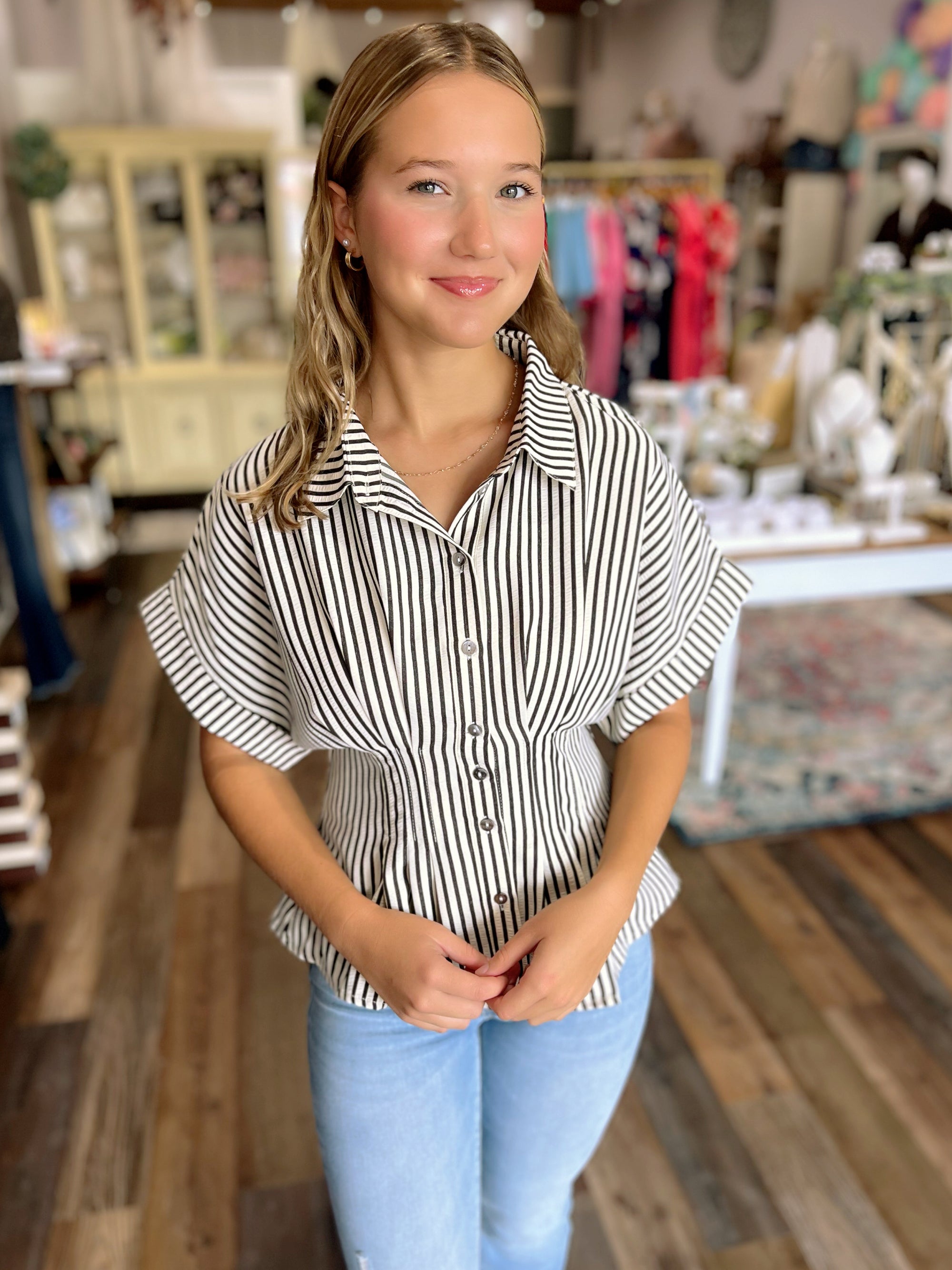 Black & Off-White Striped Button Front Top – Flutter Sleeve & Cinched Waist